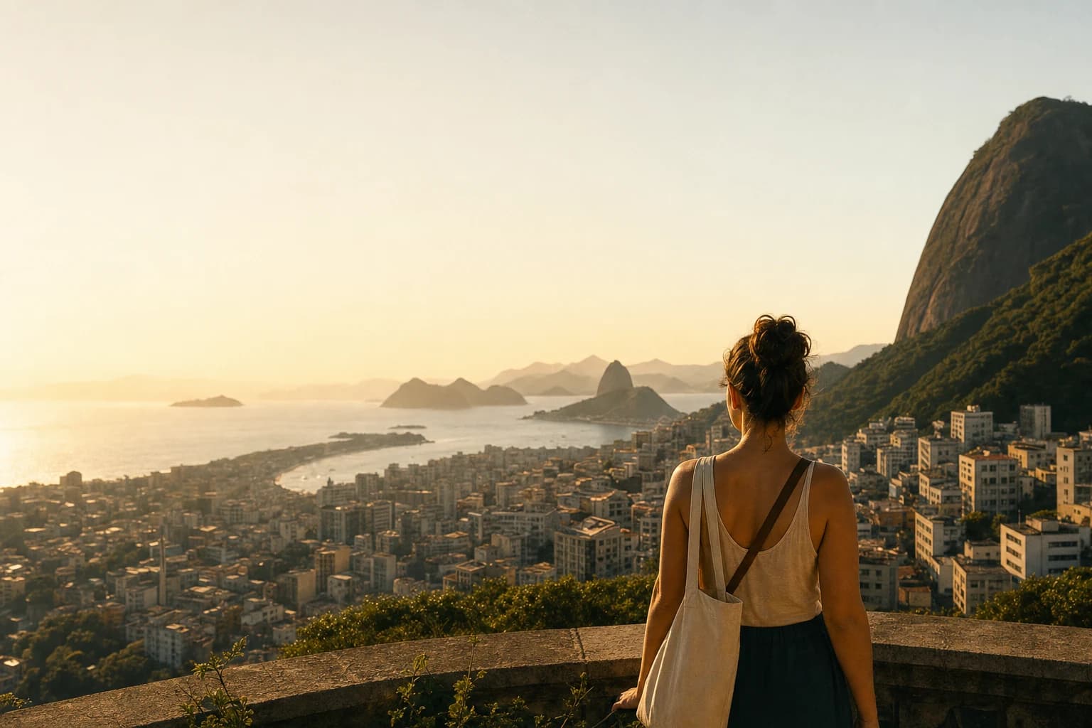 Visitante observando uma cidade costeira do alto