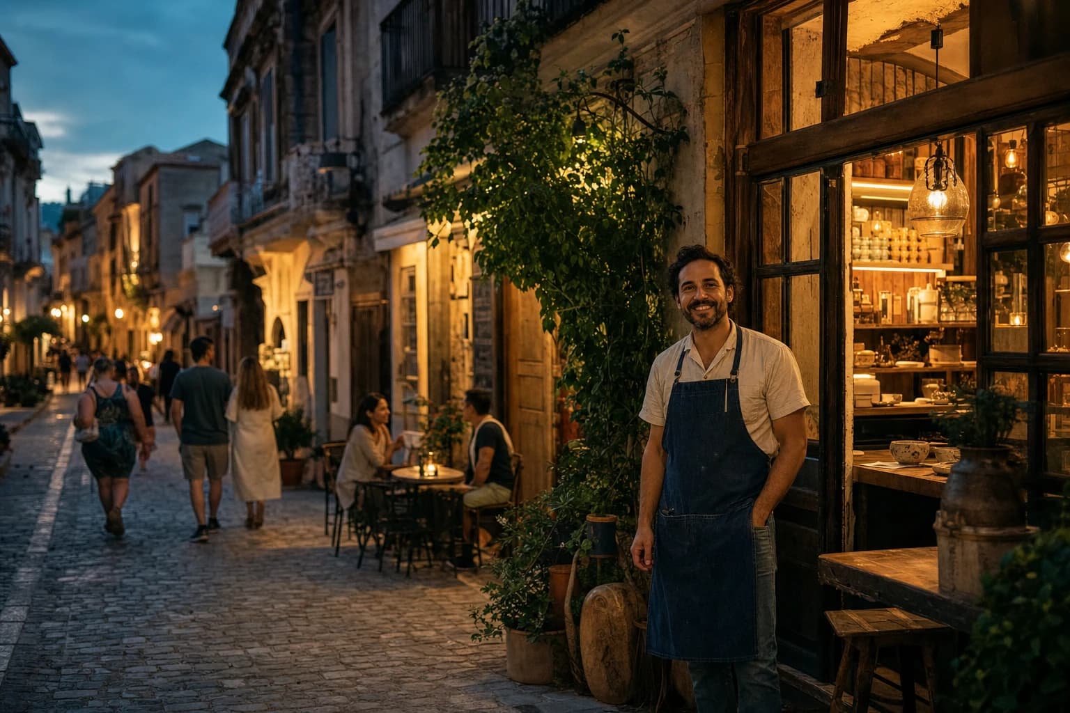 Proprietário de um café recebendo visitantes em uma rua histórica